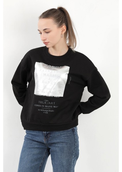 Kadın Bisiklet Yaka Varak Baskılı Pamuklu Sweatshirt Siyah - 2579