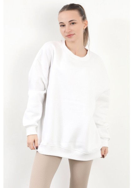 Kadın Bisiklet Yaka Oversize Pamuklu Sweatshirt Beyaz - 9008