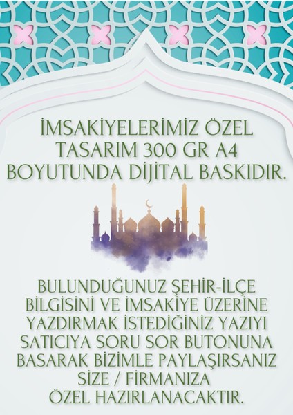 Ramazan Imsakiyesi Modern Kişiye Özel Tasarımlı Dijital Baskı 1000 Adet A4 300 gr Model 36