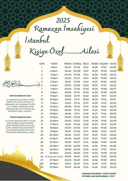 Ramazan Imsakiyesi Modern Kişiye Özel Tasarımlı Dijital Baskı 1000 Adet A4 300 gr Model 48