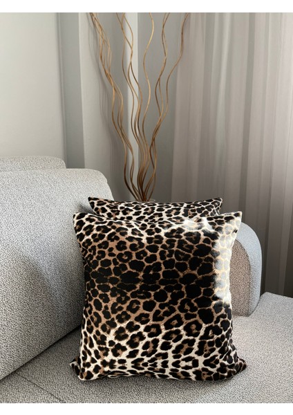 Leopar Desenli Duck Keten Kırlent Kılıfı 40X40CM