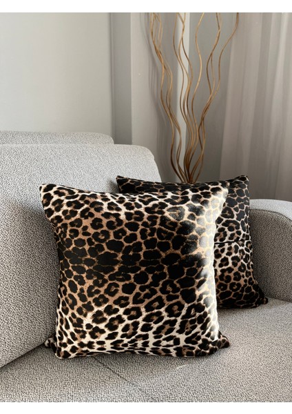 Leopar Desenli Duck Keten Kırlent Kılıfı 40X40CM