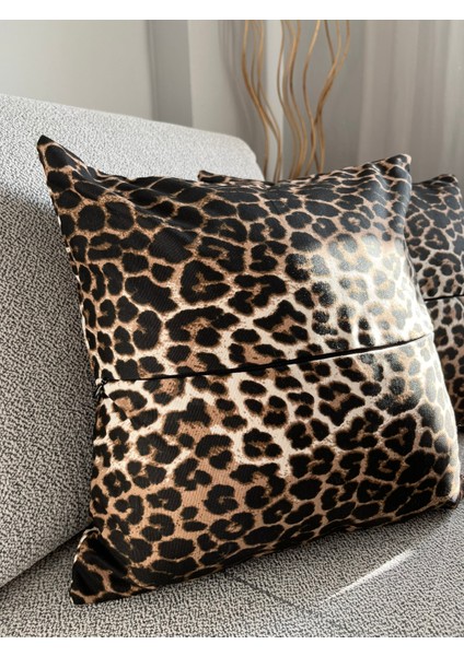 Leopar Desenli Duck Keten Kırlent Kılıfı 40X40CM