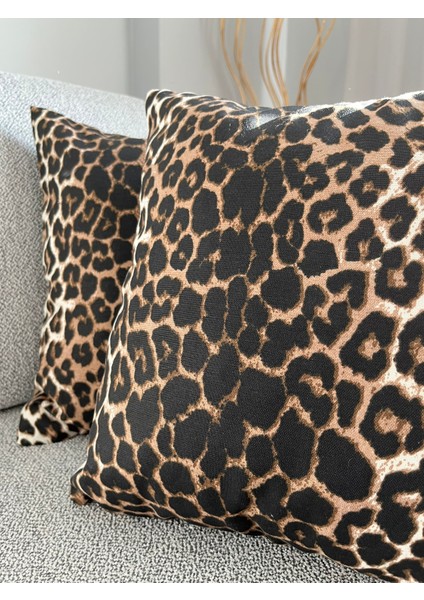Leopar Desenli Duck Keten Kırlent Kılıfı 40X40CM
