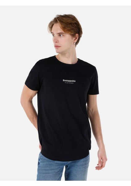 Long Fit Yuvarlak Yaka Erkek Siyah Kısa Kol Tişört Cl1066757