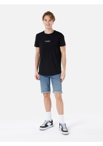 Long Fit Yuvarlak Yaka Erkek Siyah Kısa Kol Tişört Cl1066757
