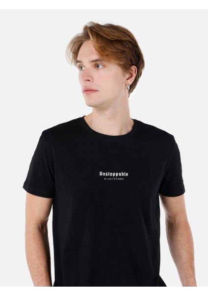 Long Fit Yuvarlak Yaka Erkek Siyah Kısa Kol Tişört Cl1066757