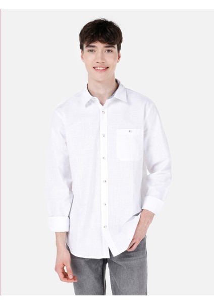 Regular Fit Shirt Neck Düz Erkek Beyaz Uzun Kol Gömlek Cl1068392