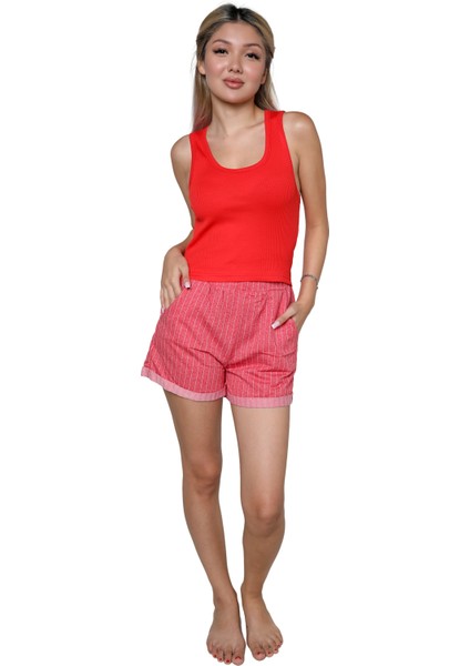 Kadın Kalın Askılı Şortlu Pijama Takım Kırmızı 3628