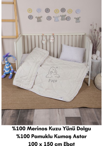 Foçatex %100 Yün Dolgulu Yıkanabilir Bebek Yorganı (YÜN BEBEK YASTIK HEDİYEMİZDİR) 100 X 150 Cm