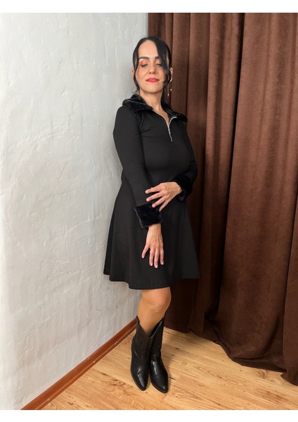 Moda Nesli Kürk Detaylı Fermuarlı Çan Elbise