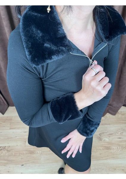 Moda Nesli Kürk Detaylı Fermuarlı Çan Elbise