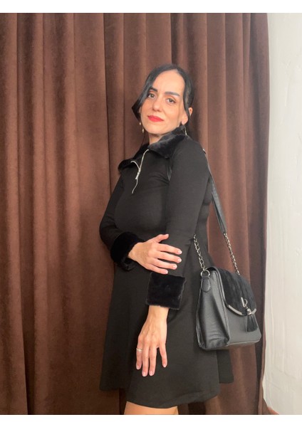Moda Nesli Kürk Detaylı Fermuarlı Çan Elbise