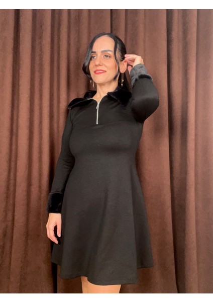 Moda Nesli Kürk Detaylı Fermuarlı Çan Elbise