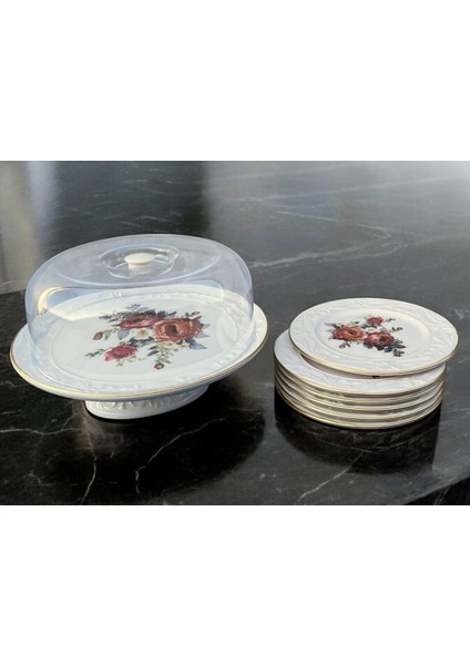 Rose 8 Parça Seramik Kek Fanuslu Pasta Sunum Tabağı Takımı