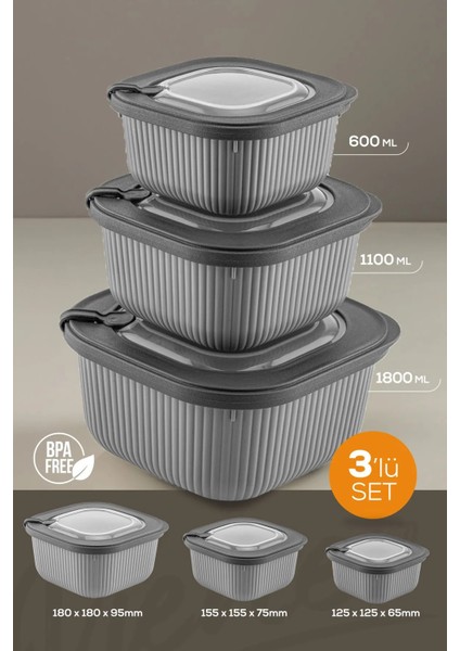 3'lü Kapağıyla Birlikte Mikrodalgaya Uyumlu Saklama Kabı Set 1X600 1X1100 1X1800