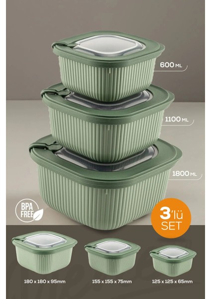 3'lü Kapağıyla Birlikte Mikrodalgaya Uyumlu Saklama Kabı Set 1X600 1X1100 1X1800