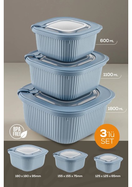 3'lü Kapağıyla Birlikte Mikrodalgaya Uyumlu Saklama Kabı Set 1X600 1X1100 1X1800