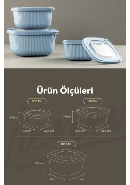 3'lü Kapağıyla Birlikte Mikrodalgaya Uyumlu Saklama Kabı Set 1X600 1X1100 1X1800