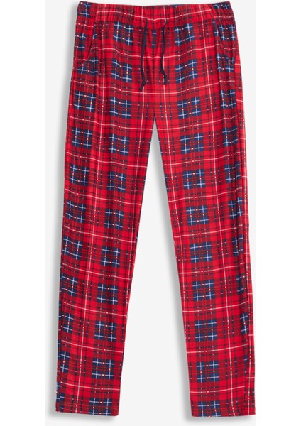 2’li Erkek Pijama Altı Kareli Cepli Süet Kumaş Rahat Kesim Regular Fit İpli Beli Lastikli Ekoseli Yeşil Kırmızı Eşofman Tek Alt
