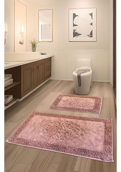Pamukkent Kaymaz Taban, Süper Emici 2'li Pamuk Ultra Lüks Banyo Paspası Seti Pembe