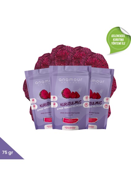 Anamour Natural Ejder Meyvesi Kurusu - Cips Ejder Meyvesi (Şeker Ilavesiz) - 3'lü Paket Kuru Meyve 75G