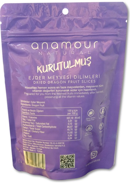 Ejder Meyvesi Kurusu - Cips Ejder Meyvesi (Şekersiz) - Kuru Meyve Kıtırı 25 Gram Anamour Natural