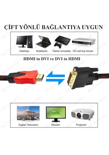 HDMI To DVI 24+1 DVI To HDMI Kablo Altın Uçlu Hdmı-Dvı Kablosu Erkek Tv Hd Pc Projektör Ps4/3 1.5 Metre