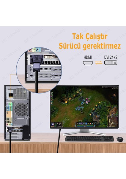 HDMI To DVI 24+1 DVI To HDMI Kablo Altın Uçlu Hdmı-Dvı Kablosu Erkek Tv Hd Pc Projektör Ps4/3 1.5 Metre