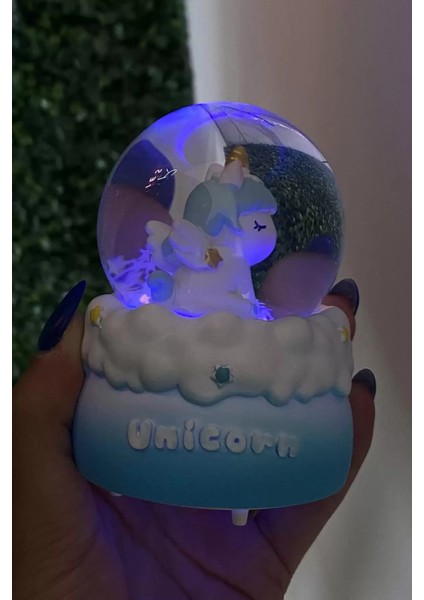 Mavi Renk Unicorn Figürlü Işıklı Kar Küresi