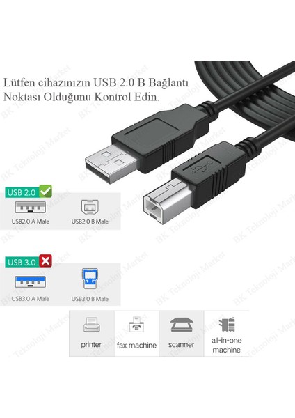 5 Metre USB Yazıcı Kablosu Hp- Canon-Brother Printer Kablo USB 2.0 Bağlantı Kablosu Kablo