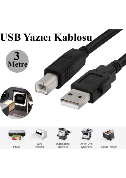 3 Metre USB Yazıcı Kablosu Hp- Canon-Brother Printer Kablo USB 2.0 Bağlantı Kablosu Kablo