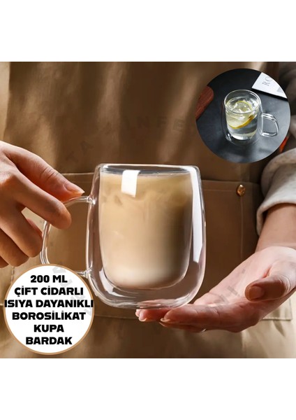 Çift Camlı Çift Cidarlı Cam Kupa 200 ml Ev Ofis Fincanı Çift Katlı Isı Yalıtımlı Kulplu Cam Bardak