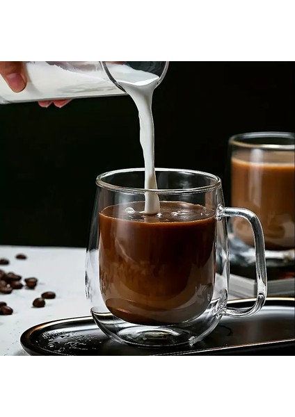 Çift Camlı Çift Cidarlı Cam Kupa 200 ml Ev Ofis Fincanı Çift Katlı Isı Yalıtımlı Kulplu Cam Bardak