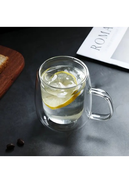 Çift Camlı Çift Cidarlı Cam Kupa 200 ml Ev Ofis Fincanı Çift Katlı Isı Yalıtımlı Kulplu Cam Bardak