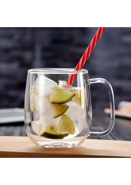 Çift Camlı Çift Cidarlı Cam Kupa 200 ml Ev Ofis Fincanı Çift Katlı Isı Yalıtımlı Kulplu Cam Bardak