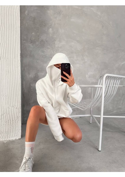 Unisex Oversize Tam Fermuarlı Kapüşonlu Sweatshirt - Yumuşak Polar Kumaş, Siyah Günlük Ceket ve Cepli Tasarım