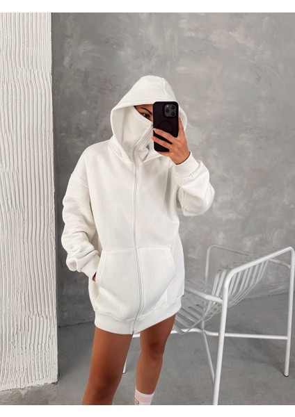 Unisex Oversize Tam Fermuarlı Kapüşonlu Sweatshirt - Yumuşak Polar Kumaş, Siyah Günlük Ceket ve Cepli Tasarım