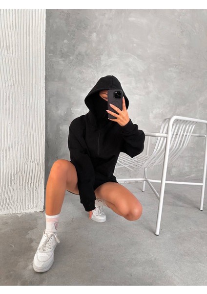 Unisex Oversize Tam Fermuarlı Kapüşonlu Sweatshirt - Yumuşak Polar Kumaş, Siyah Günlük Ceket ve Cepli Tasarım