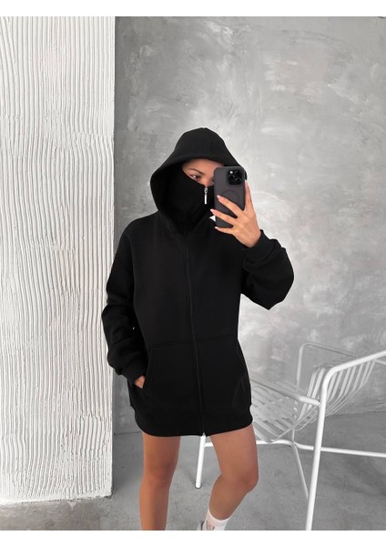Unisex Oversize Tam Fermuarlı Kapüşonlu Sweatshirt - Yumuşak Polar Kumaş, Siyah Günlük Ceket ve Cepli Tasarım