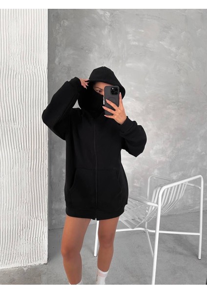Unisex Oversize Tam Fermuarlı Kapüşonlu Sweatshirt - Yumuşak Polar Kumaş, Siyah Günlük Ceket ve Cepli Tasarım