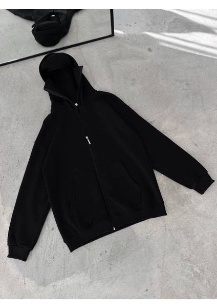 Unisex Oversize Tam Fermuarlı Kapüşonlu Sweatshirt - Yumuşak Polar Kumaş, Siyah Günlük Ceket ve Cepli Tasarım