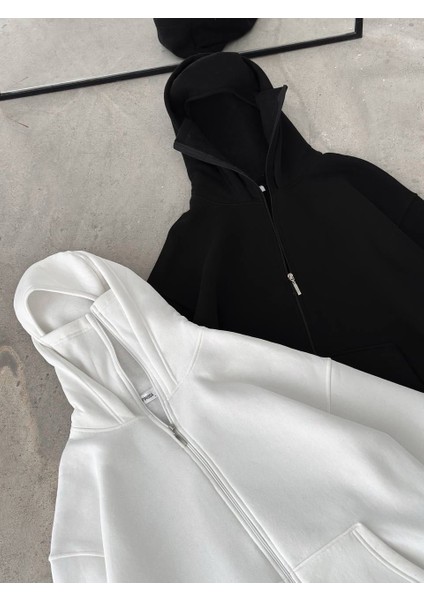 Unisex Oversize Tam Fermuarlı Kapüşonlu Sweatshirt - Yumuşak Polar Kumaş, Siyah Günlük Ceket ve Cepli Tasarım
