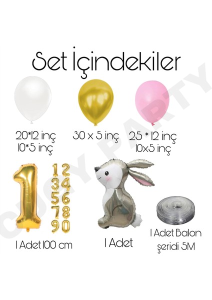 Pembe Beyaz Gold Detaylı Tavşan Figürlü Doğum Günü Süsü 3 Yaş Rakamlı Parti Seti fiyatları