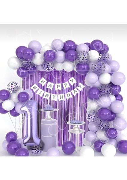 Mor Lila Beyaz Doğum Günü Süsü Mor Yaş Rakamlı Şeffaf Pullu Parti Seti