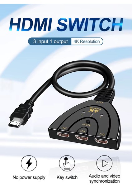 4K HDMI Switch 3 In 1 Out HDMI Giriş Çoklayıcı Port Kablolu Hdmı Otomatik Switch Çoğaltıcı Splitter 1 Giriş 3 Çıkış Hd Siwich