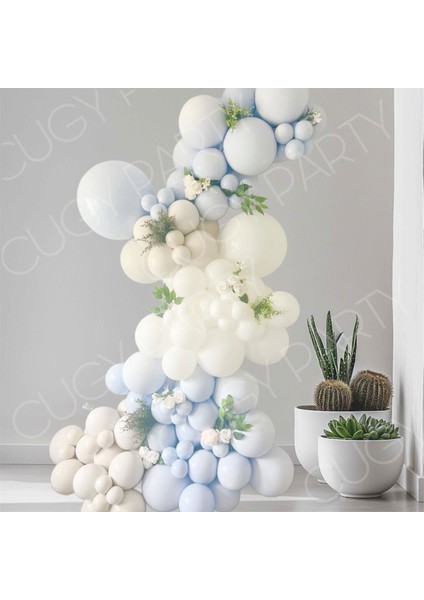 Retro Beyaz Bebek Mavisi Doğum Günü Balon Zinciri Seti