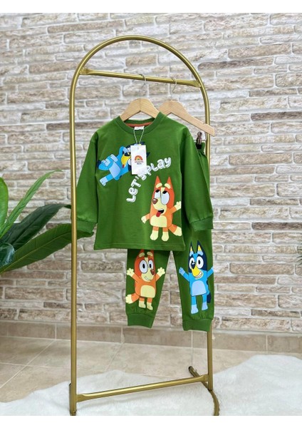 Yeşil Bluey Desenli Pamuklu Sweatshirt Eşofman Alt-Üst Pijama Takımı