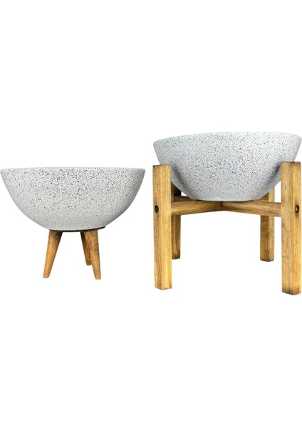 Ev Dekorasyon Beyaz Granit Aranjman Sunumluk Toprak Saksı 3-4 Ayaklı İkili Set 20 Cm Çap