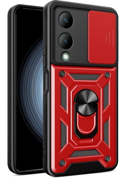 Vivo Y17S Ile Uyumlu Kılıf Kamera Korumalı Sürgülü Yüzüklü Standlı Tank